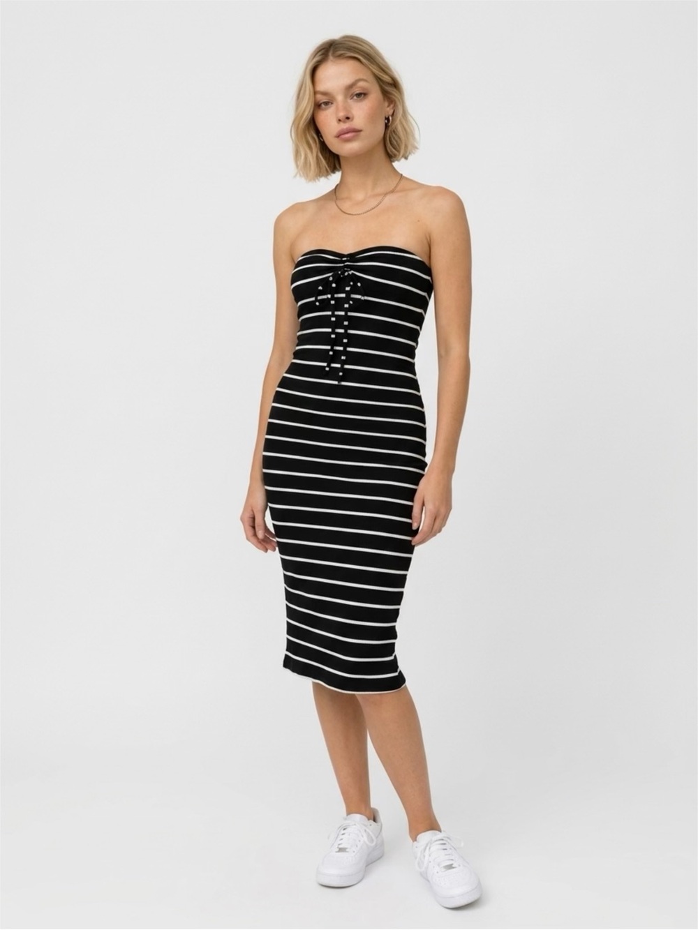 Black and White Striped Strapless Bodycon Midi Dress